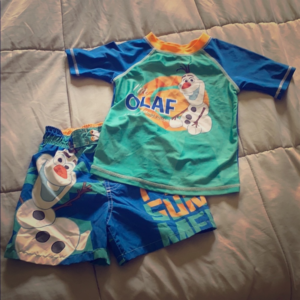 Disney Olaf rash guard and swim trunks